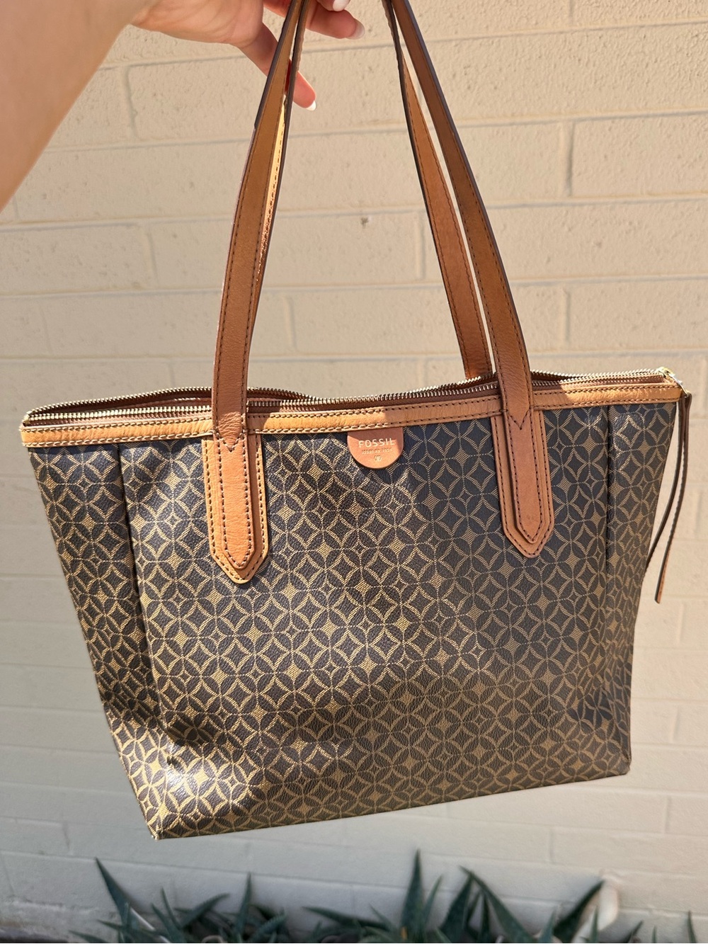 Fossil Brown Sydney Tote with Tan Leather Straps
